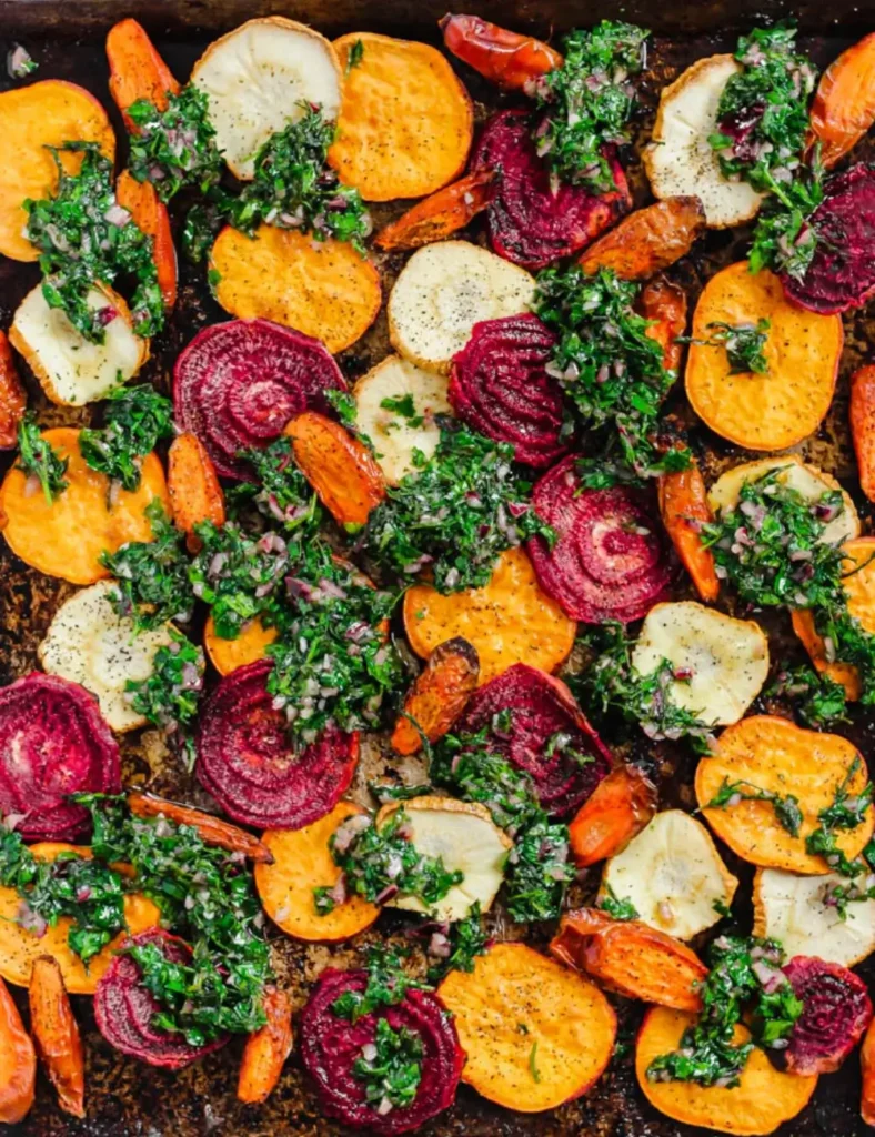 Roasted Root Vegetables with Carrot Top Chimichurri. vegan thanksgiving recipes