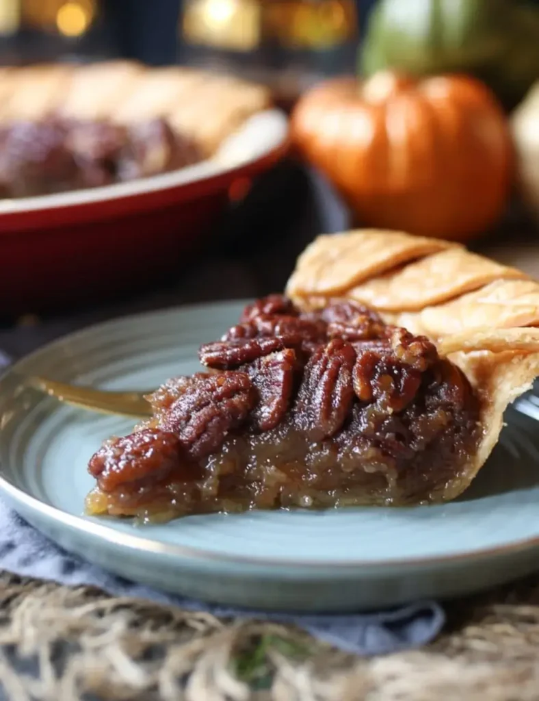 Slice of vegan pecan pie on a grey plate with pastry leaf detail around the crust