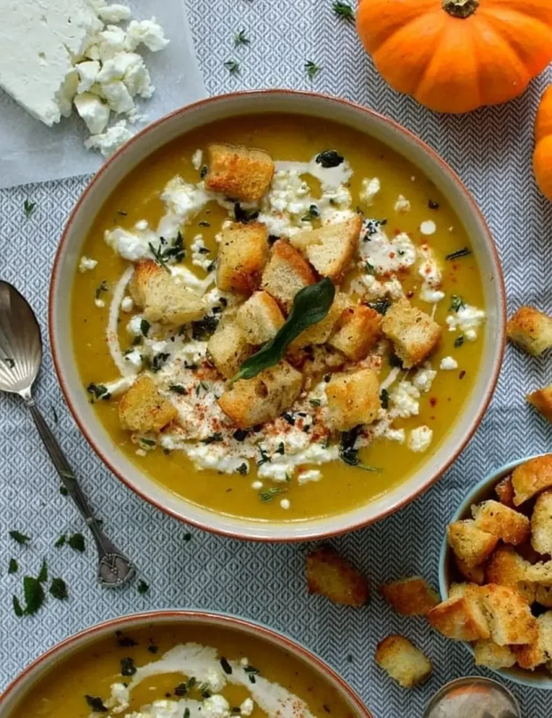 Spiced Roast Pumpkin Soup With Garlic Croutons, Feta & Crispy Fried Sage