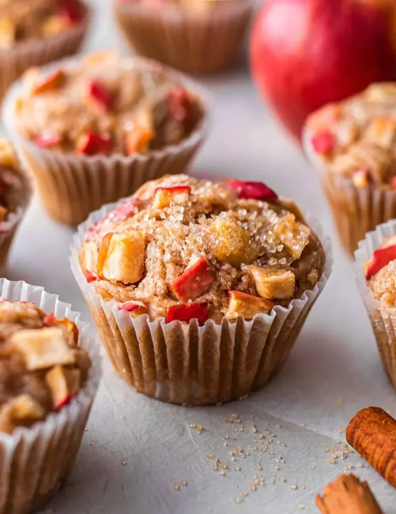 Vegan apple muffins with chunks of apple and coarse sugar baked into the golden tops