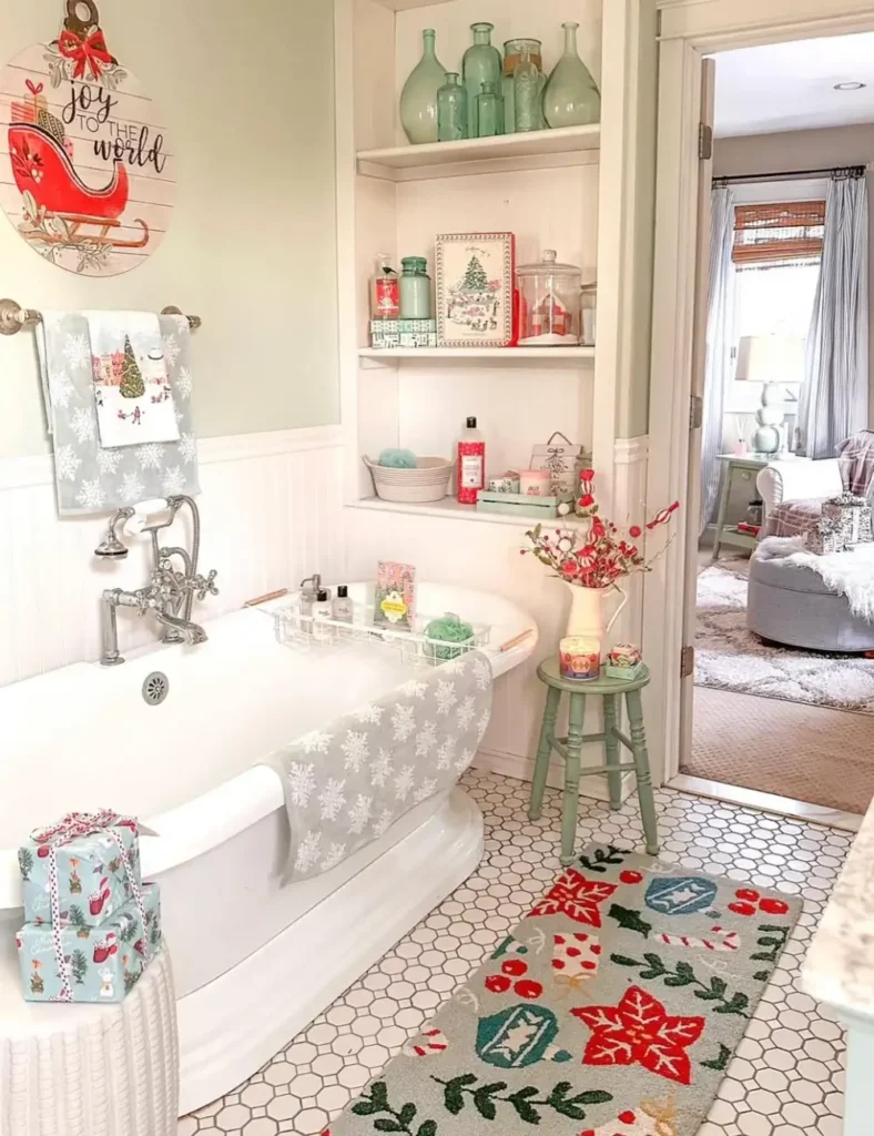 Vintage Christmas Bath Haven. Christmas bathroom decor ideas
