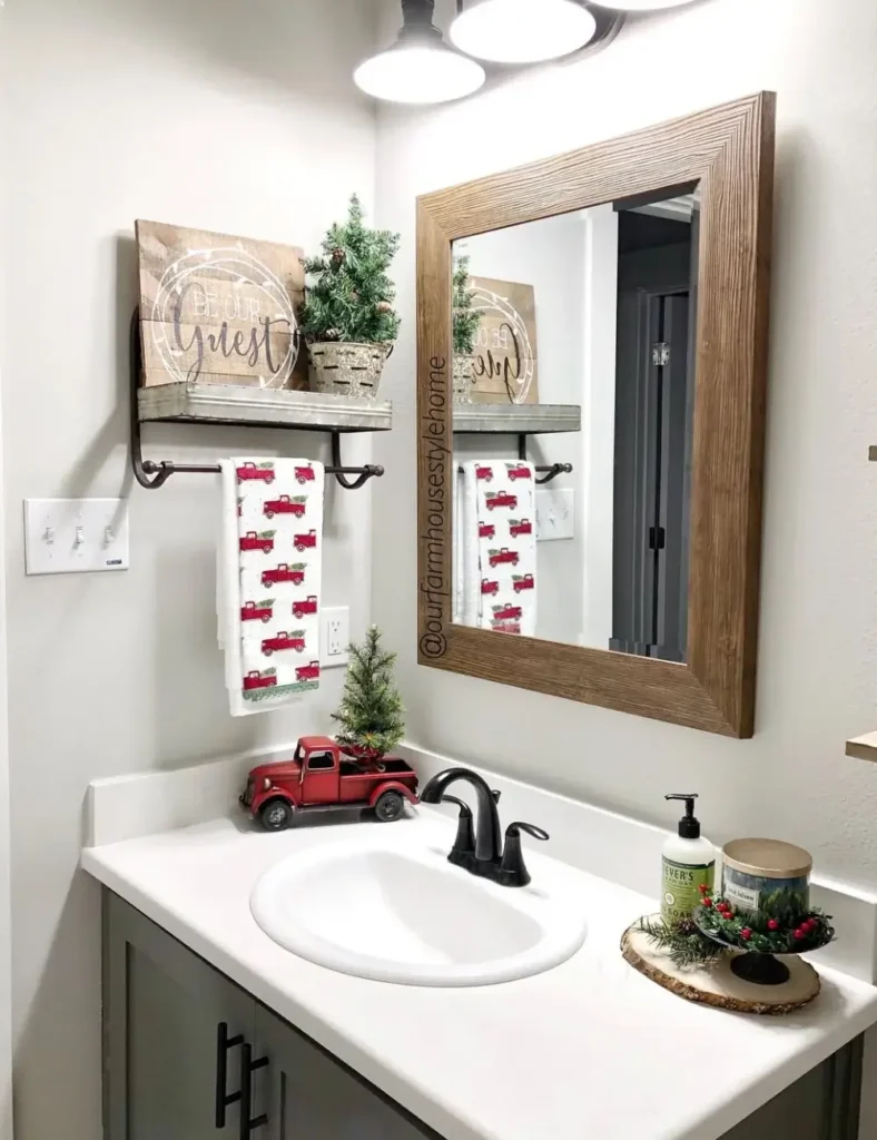 Vintage Red Truck Farmhouse Bathroom. Christmas bathroom decor ideas