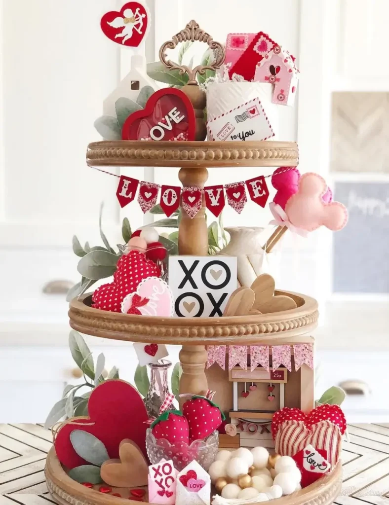 Whimsical Love-Themed Tray. Valentine's Day Tiered Tray Decor Ideas