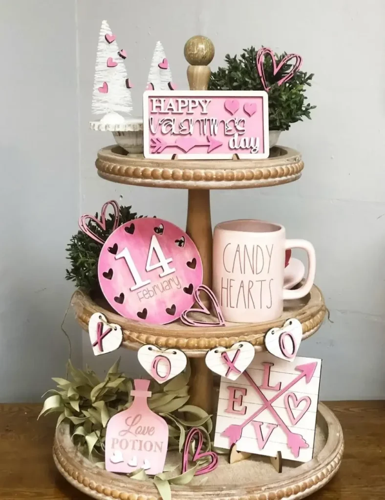 Pink & Playful Valentine Tray. Valentine's Day Tiered Tray Decor Ideas
