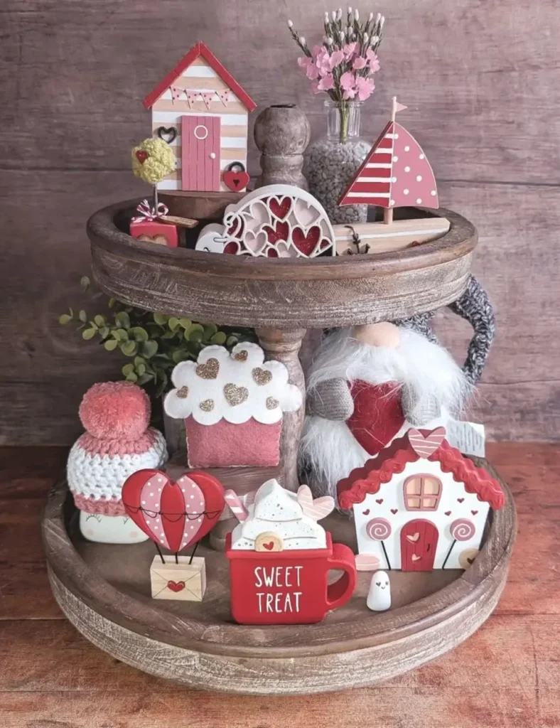 Cottagecore Valentine Village Tray. Valentine's Day Tiered Tray Decor Ideas