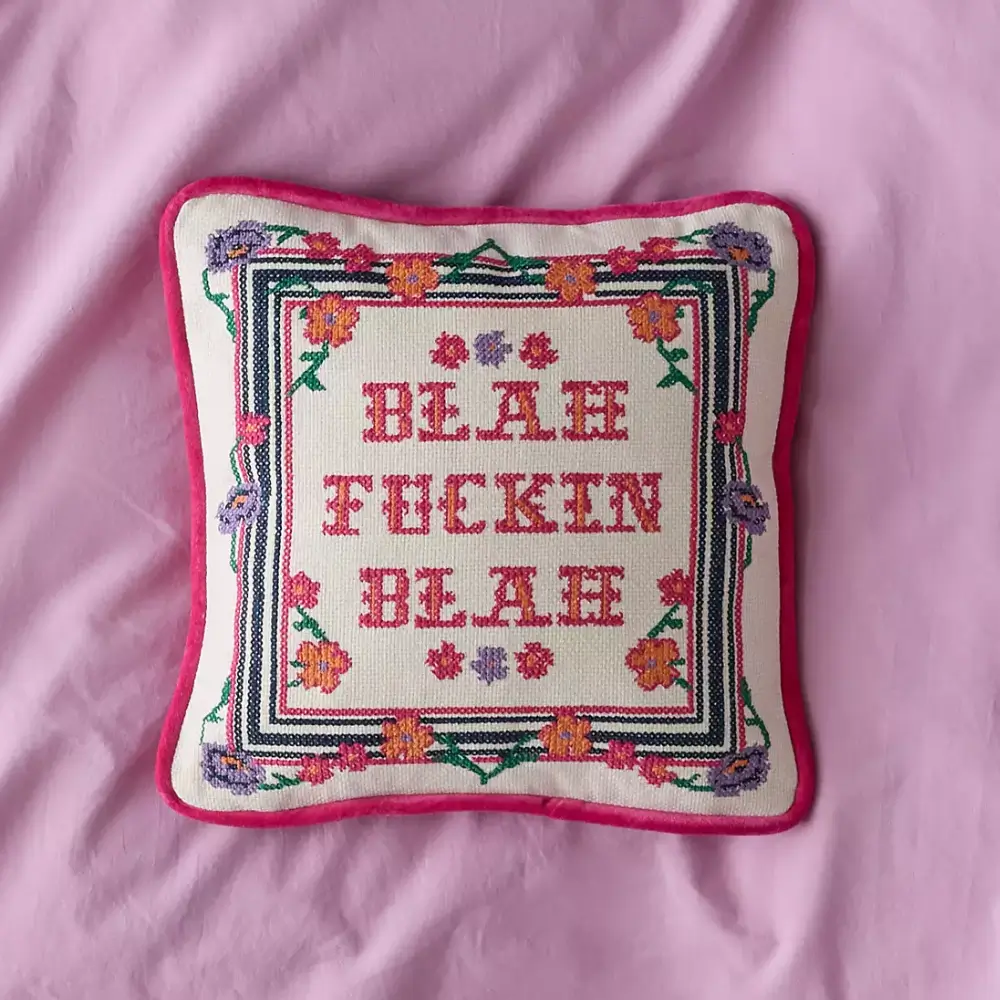 Blah Blah Cross Stitch Throw Pillow. Gift Ideas For Teen Girls