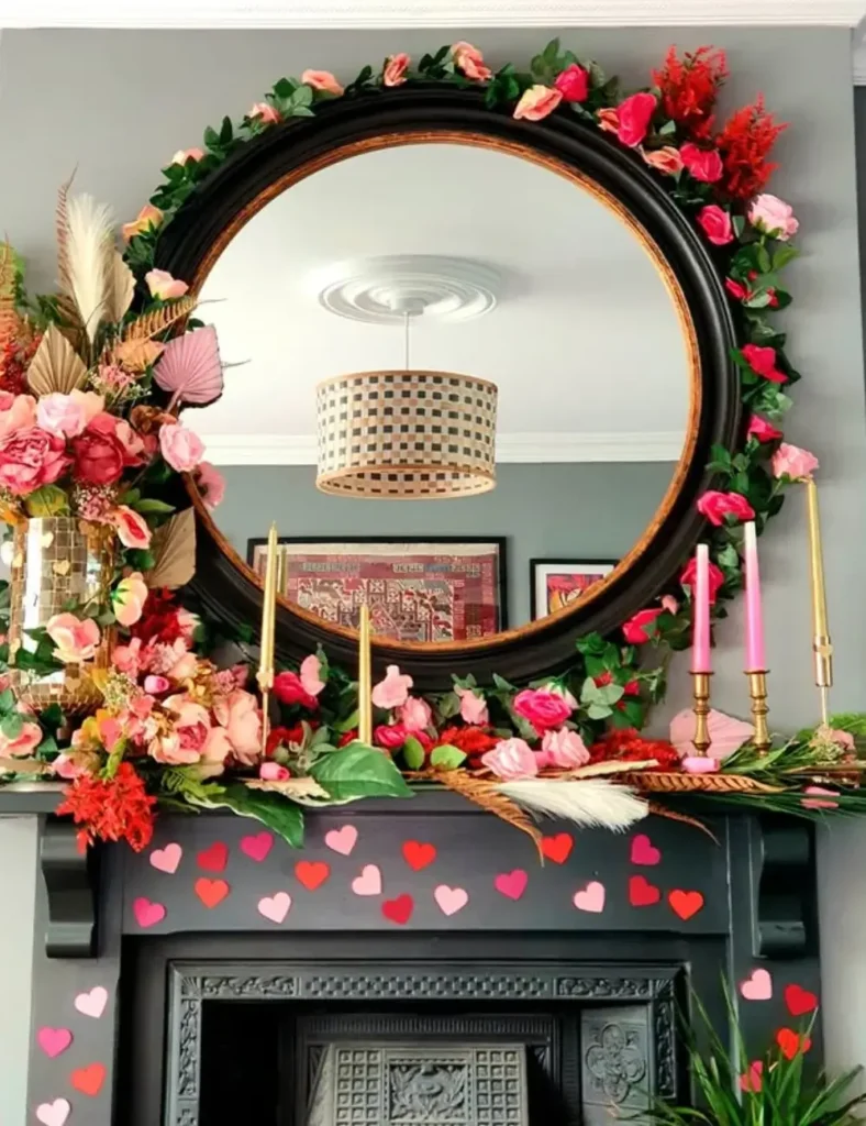Bold Floral Statement Mantel. Valentine's Day Mantel Decor Ideas