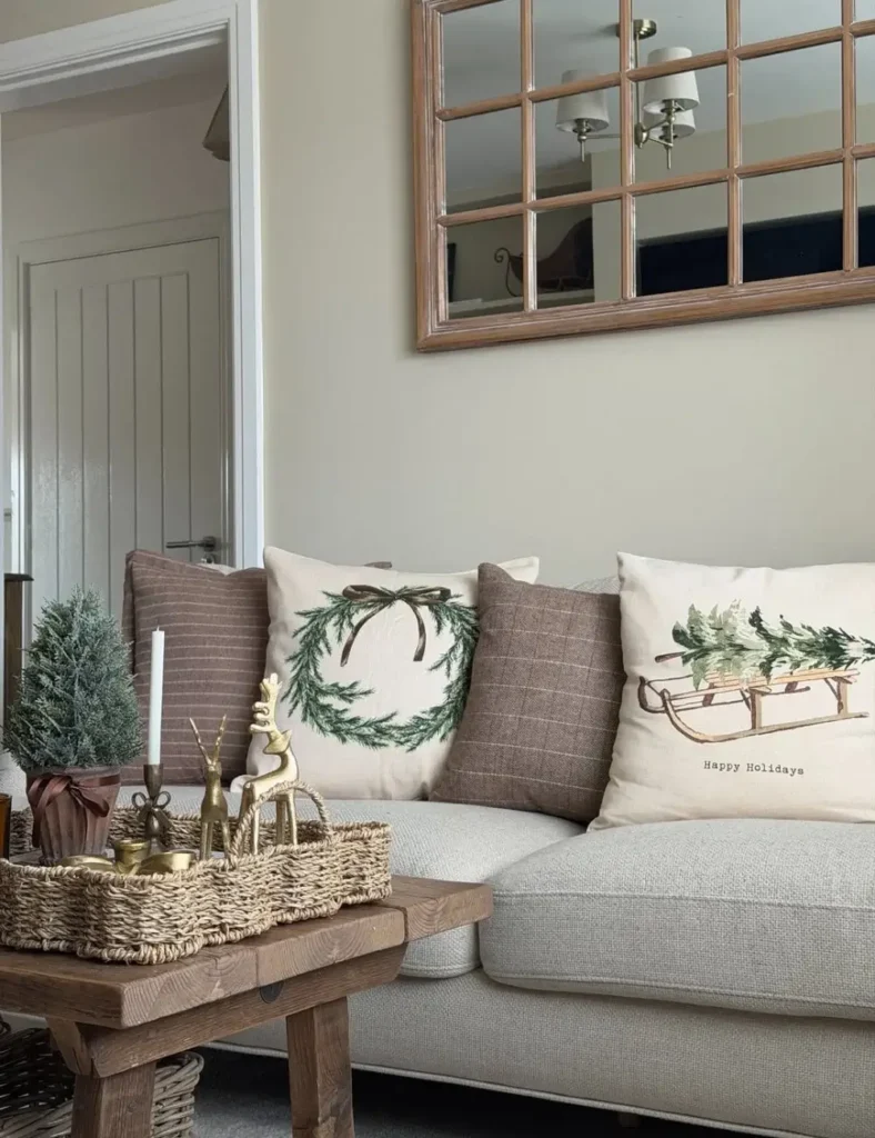 Christmas living room with themed cushions