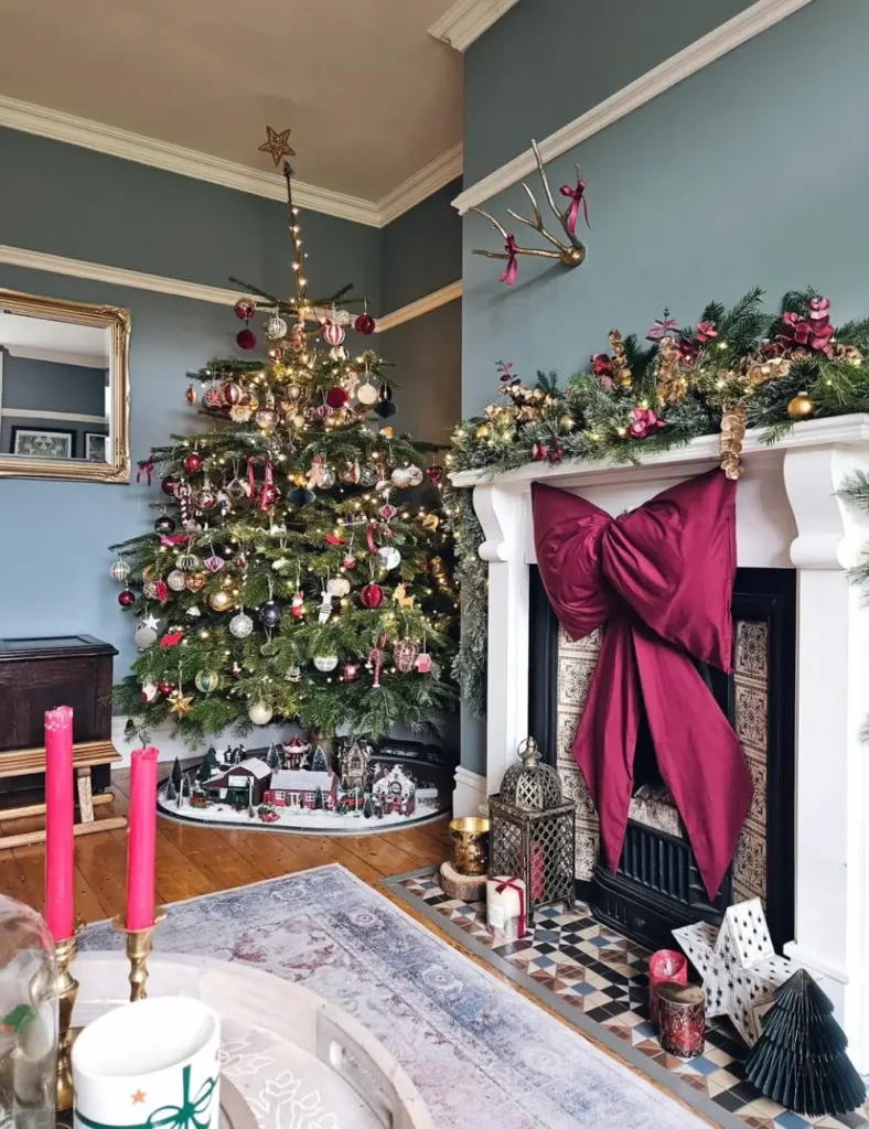Christmas living room with large pink bow