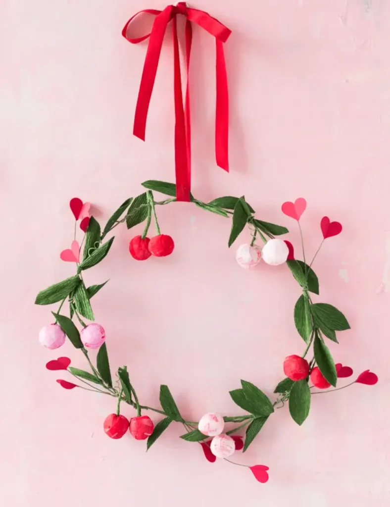 Crepe Paper Cherry Wreath. DIY Valentine's Day Wreath Ideas
