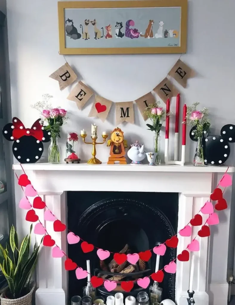 Disney-Inspired Valentine Mantel. Valentine's Day Mantel Decor Ideas