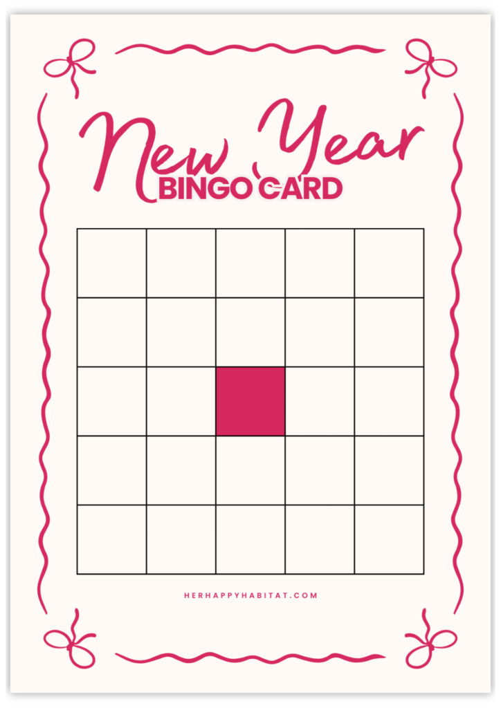FREE Pink Bow New Year Bingo Card Template