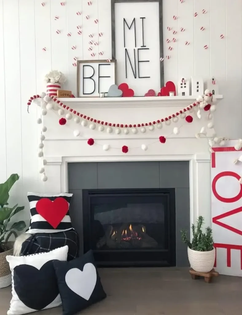 Modern Black + White Valentine Mantel. Valentine's Day Mantel Decor Ideas