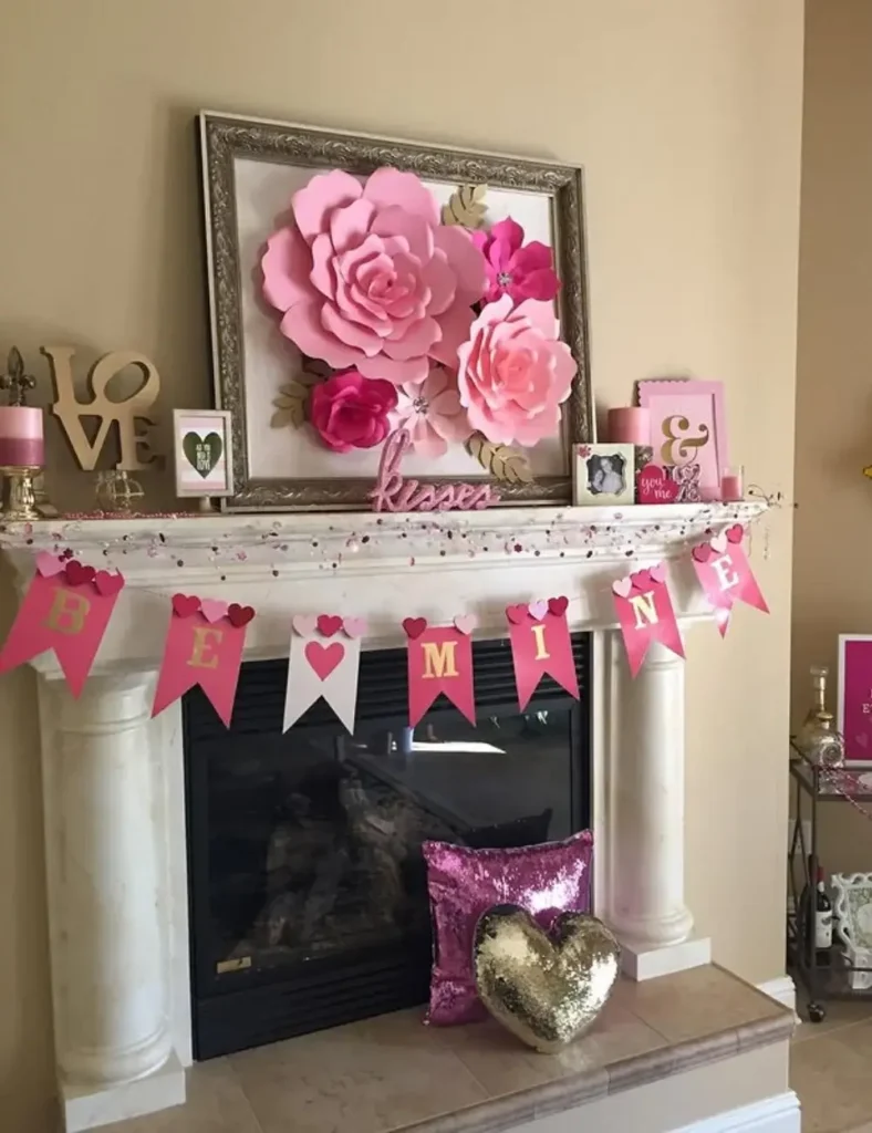 Oversized Paper Flower Mantel. Valentine's Day Mantel Decor Ideas