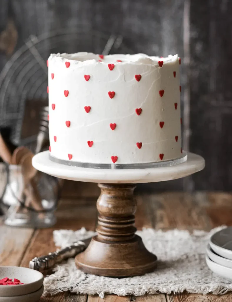 Red and White Valentine’s Day Cake with Mini Hearts. Valentine’s Day Cake Recipes
