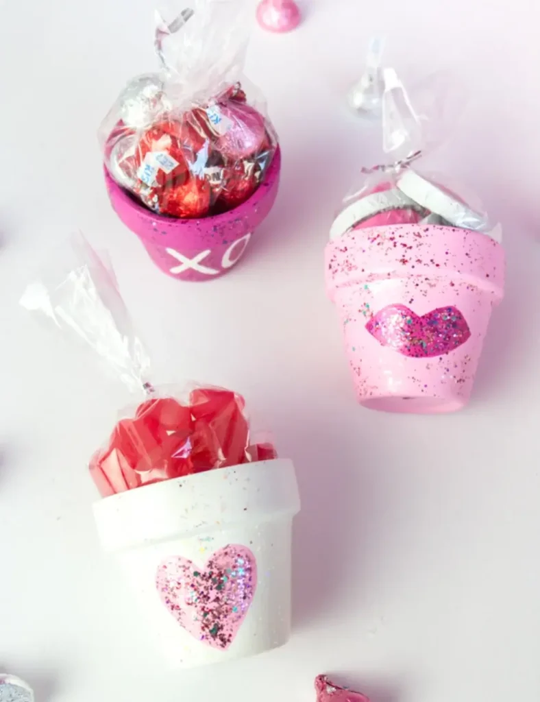 Sparkly Painted Clay Pots. Valentine’s Day Clay Crafts