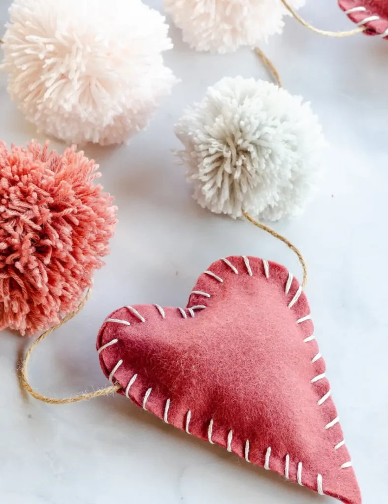 Valentine Garland with Hearts and Pom Poms