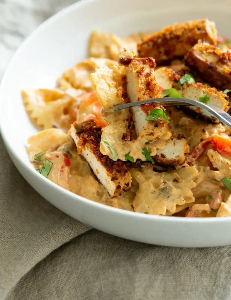 Vegan Creamy Cajun Pasta with Breaded Tofu. vegan pasta recipes