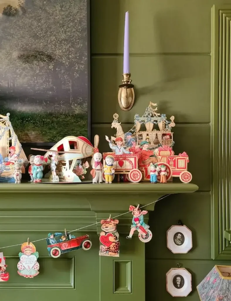 Vintage Valentine Card Mantel. Valentine's Day Mantel Decor Ideas