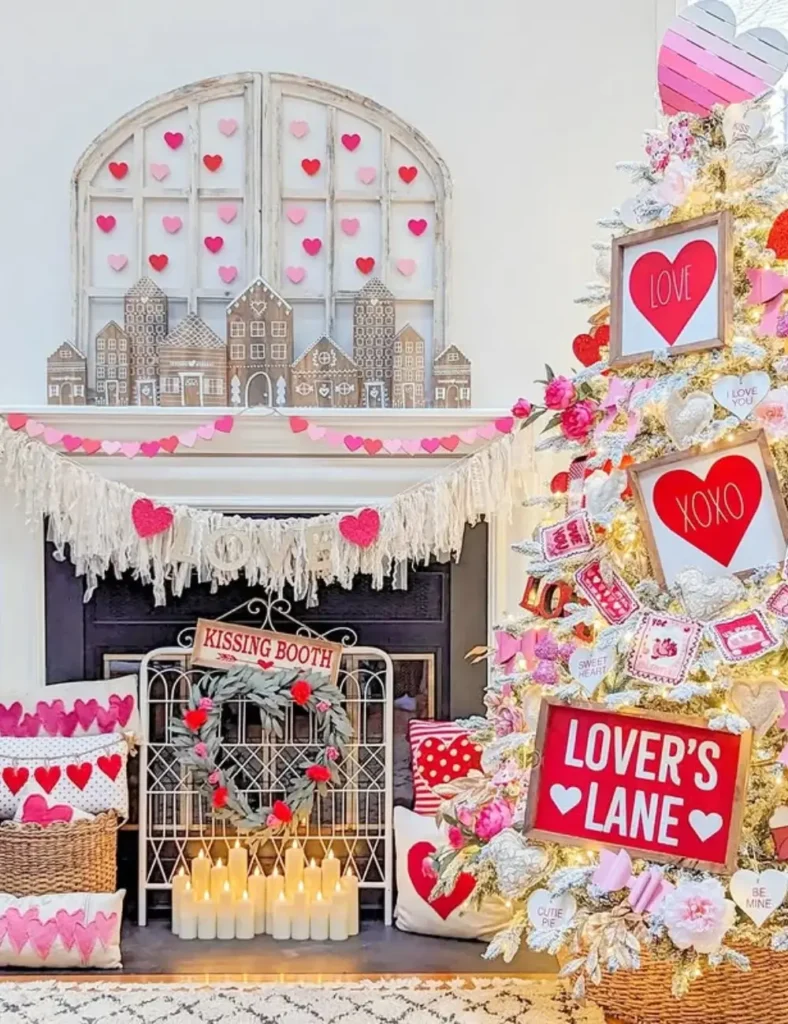 Whimsical Valentine Village Mantel. Valentine's Day Mantel Decor Ideas