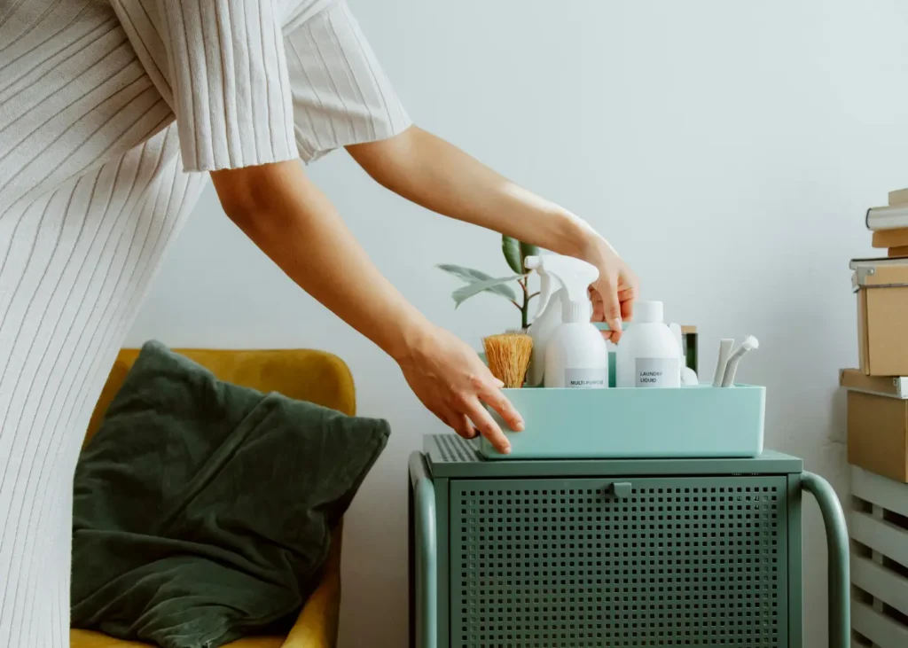 Woman Organizing Self Care Products. New Year’s Resolution Ideas