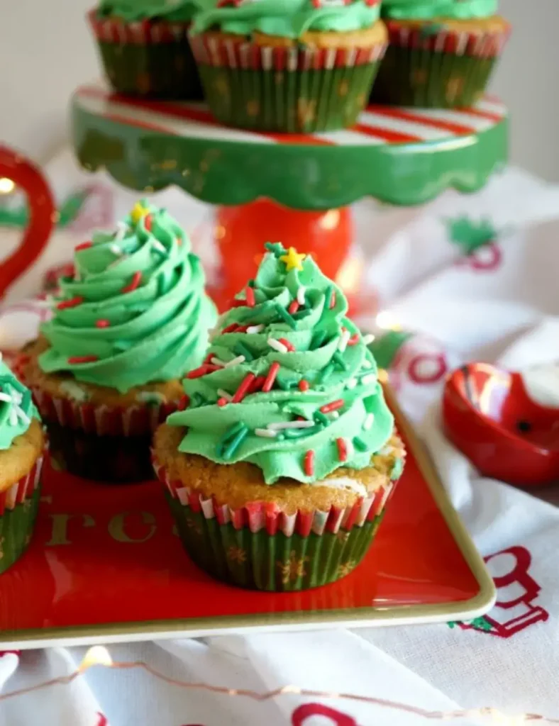 vegan vanilla almond Christmas tree cupcakes. vegan Christmas cupcake recipes