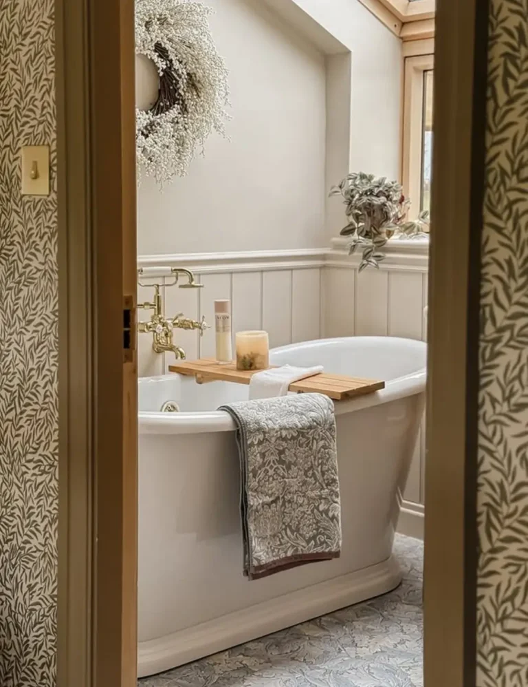 Add-a-wooden-bath-tray.-Farmhouse-Bathroom-Ideas-768x998