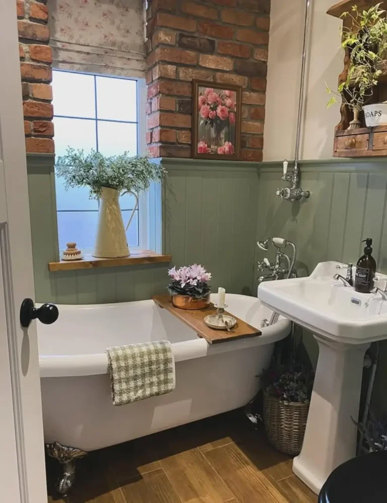 Painted-Beadboard-Exposed-Brick-Accent.-Farmhouse-Bathroom-Ideas