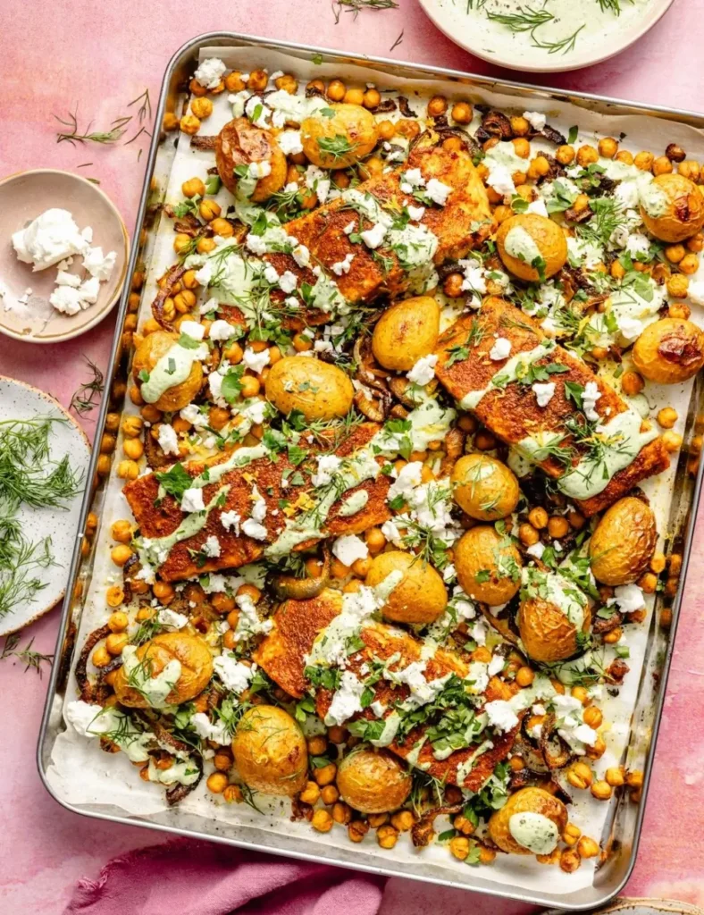 Sheet Pan Salmon with Potatoes and Chickpeas