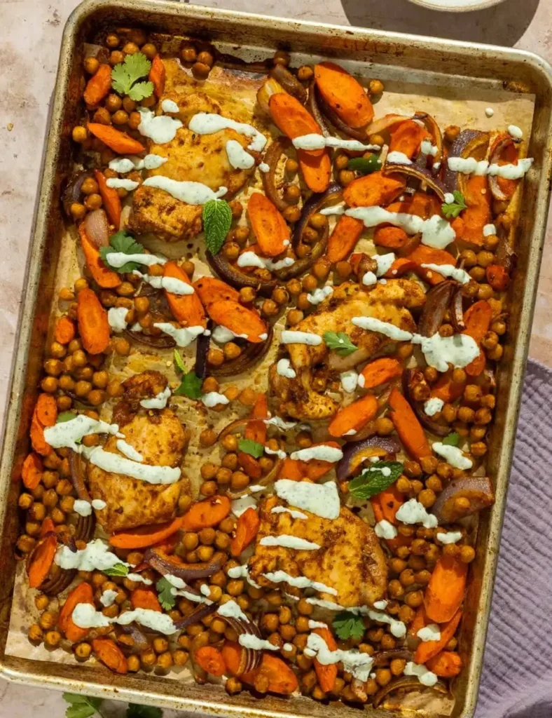 Sheet Pan Chicken Thigh Dinner With Herbed Yogurt Sauce