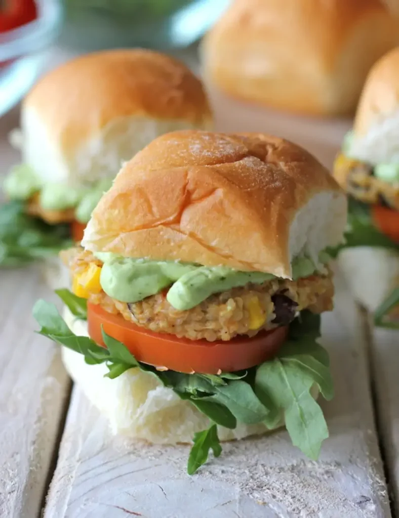 Southwest Quinoa Sliders with Avocado Cream Sauce. slider recipes