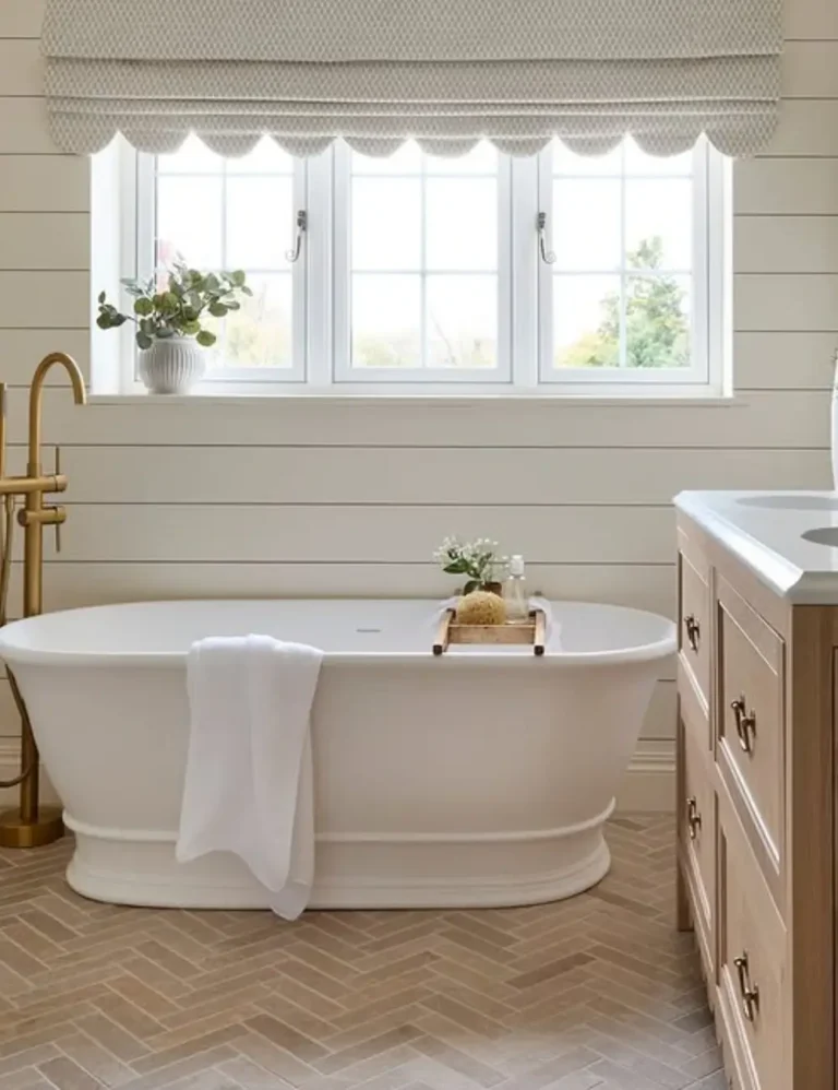 Use-Scalloped-Fabric-Blinds-to-Soften-Clean-Lines.-Farmhouse-Bathroom-Ideas