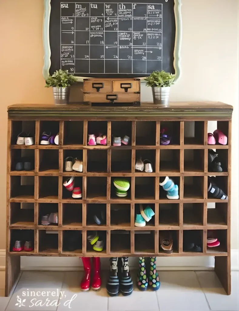 Vintage Mail Sorter DIY Shoe Cubby. DIY shoe storage ideas