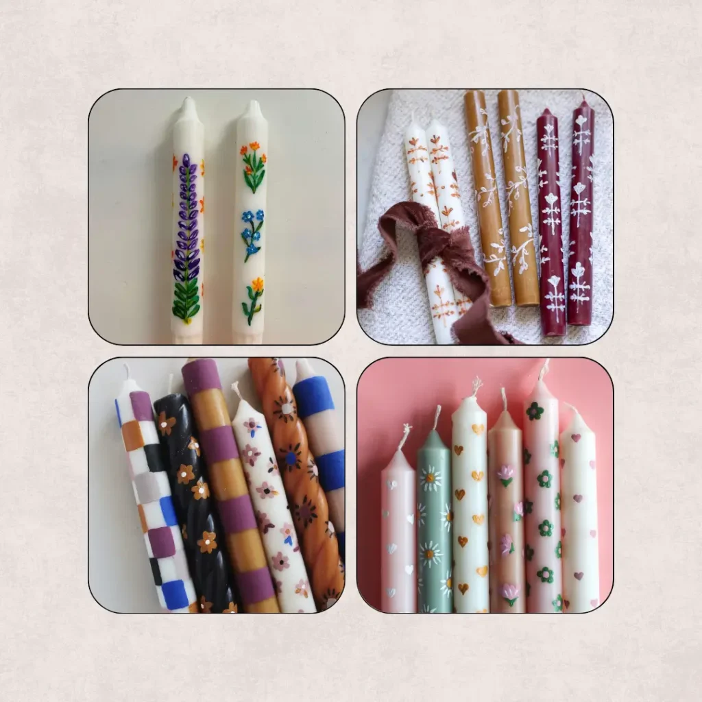 Collection of hand-painted DIY candles with floral and graphic designs