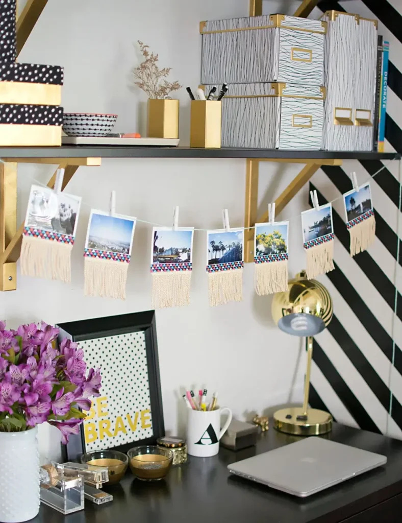 DIY Fringe Photo Garland. DIY Home Office Decor Ideas
