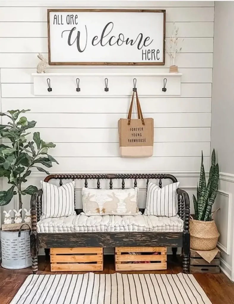 Farmhouse Entryway Decor Idea with bench and Easter accents
