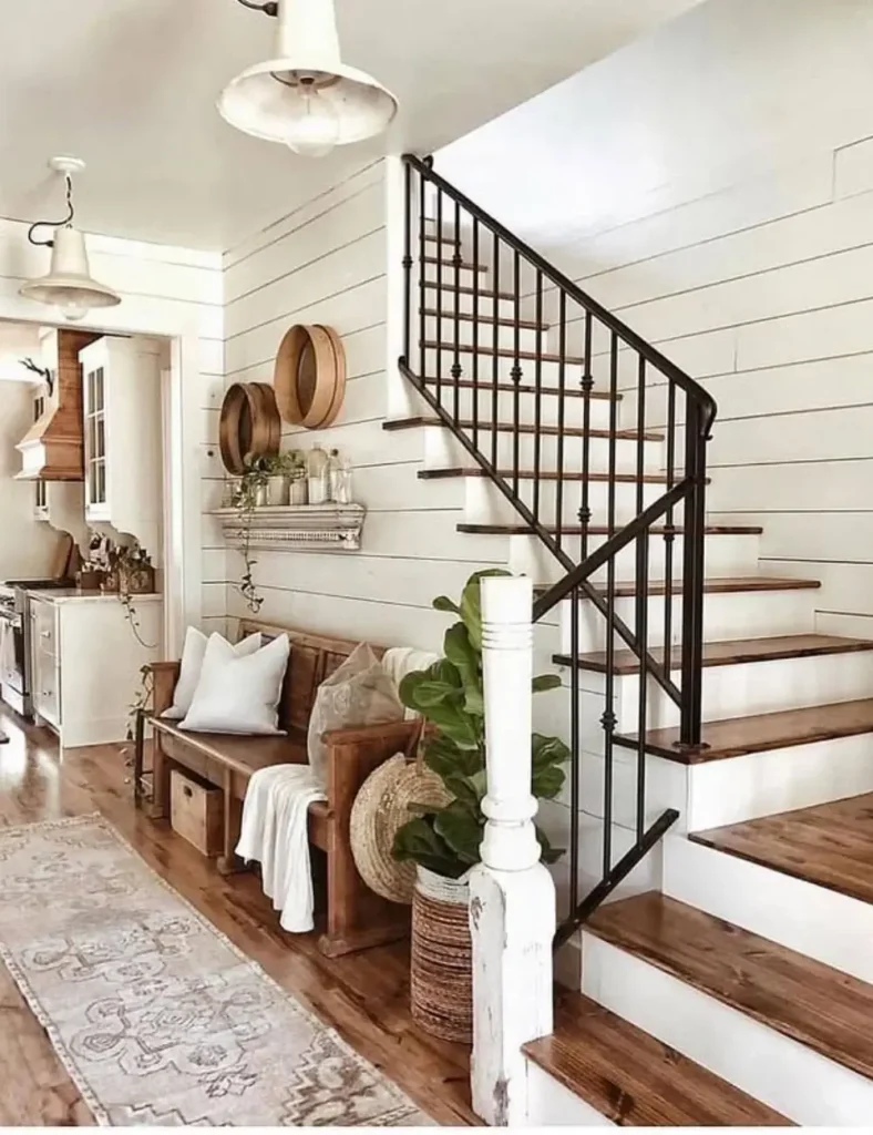 Pair Crisp Shiplap with Warm Wood. Farmhouse Entryway Decor Ideas