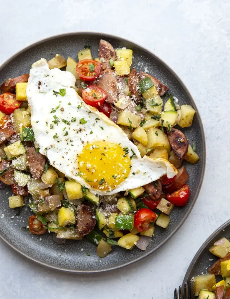 Sausage Breakfast Hash with Summer Vegetables. High-Protein Breakfast Recipes