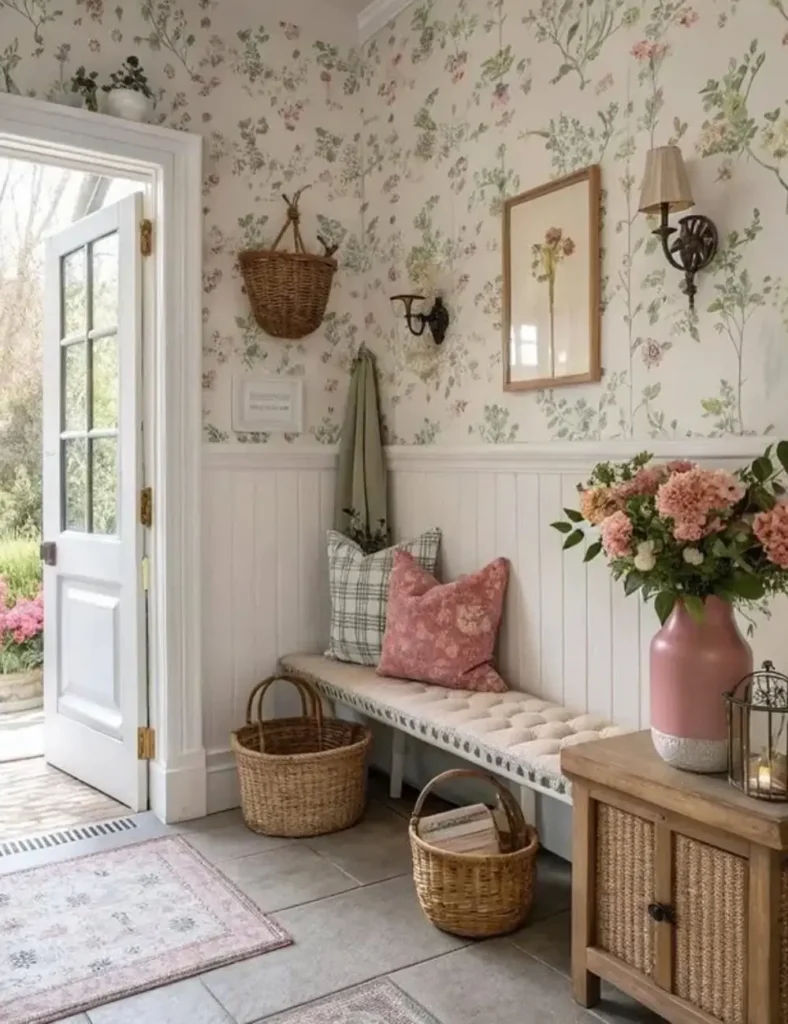 Use Floral Wallpaper to Soften Classic Farmhouse Lines