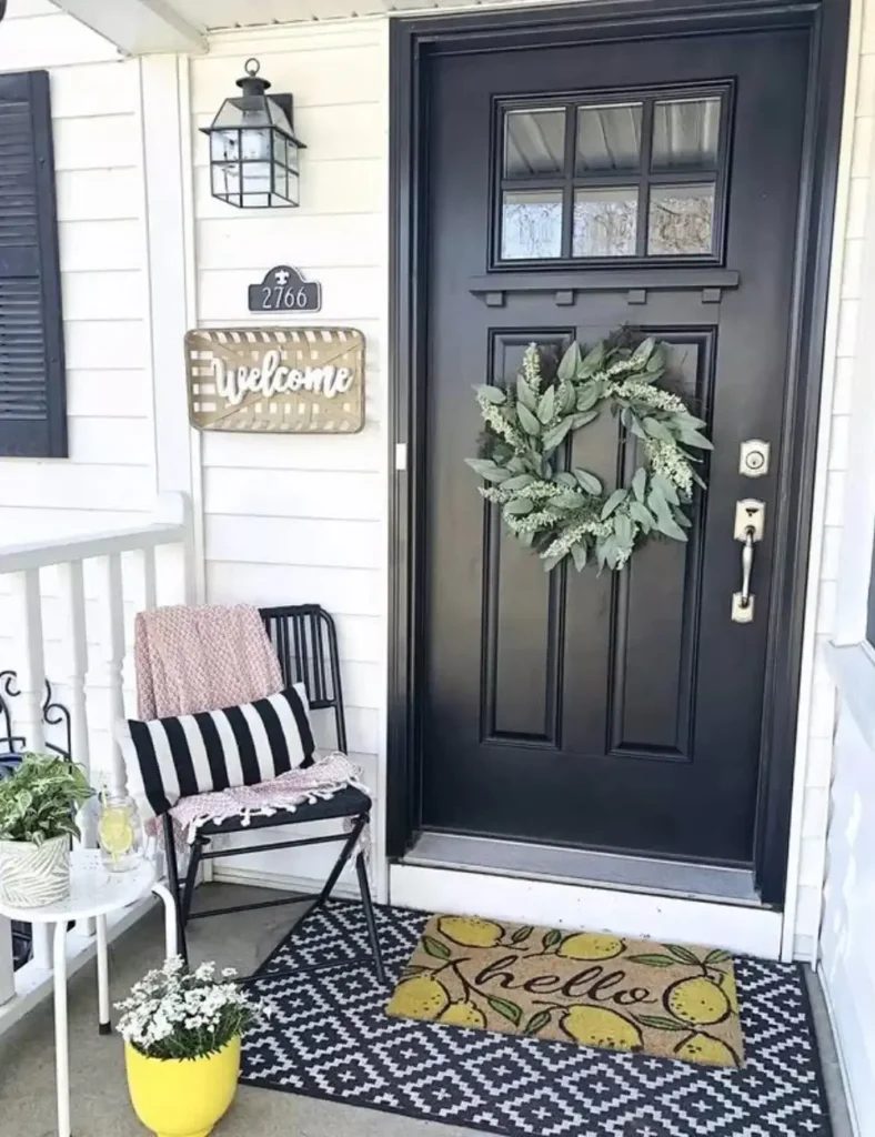 simple spring front porch decor idea with layered doormats