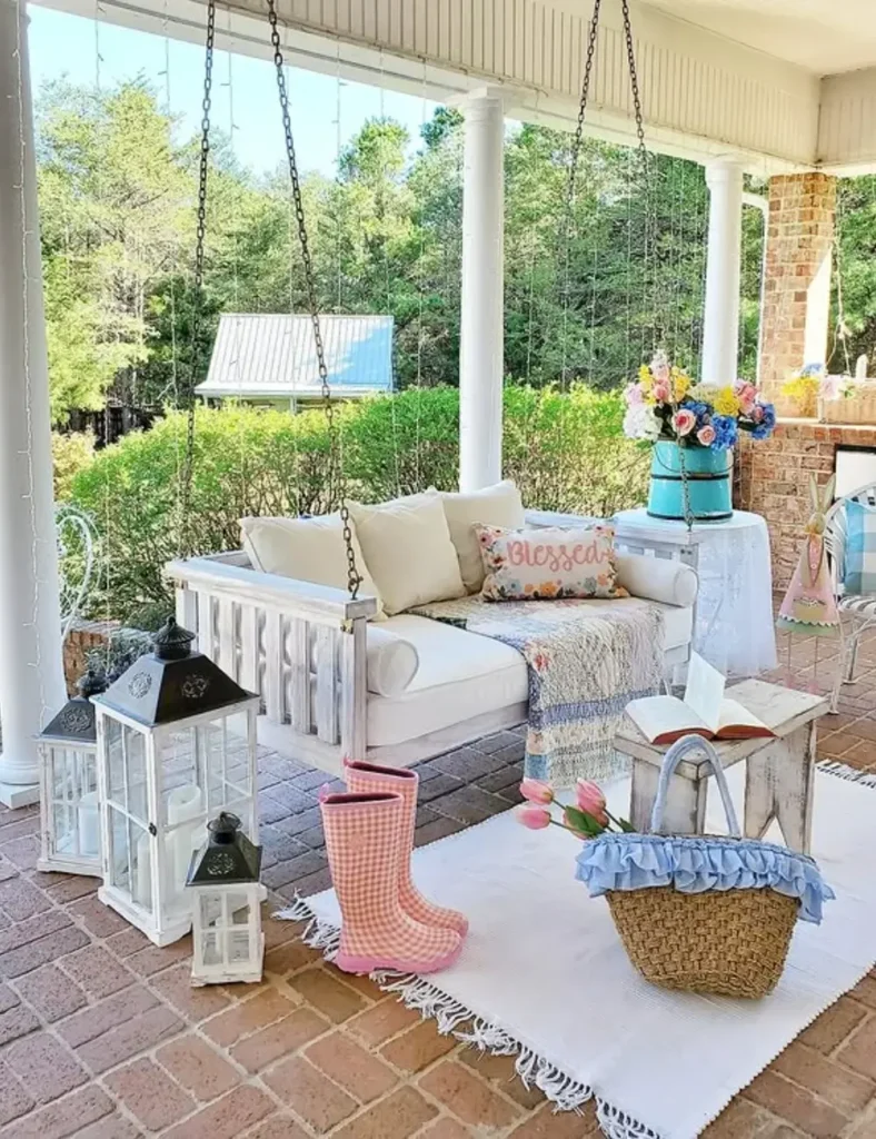 spring front porch with large bench swing