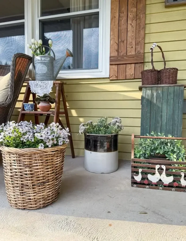 spring front porch with small ladder shelf
