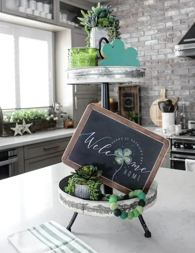 st patrick's day tiered tray with greenery