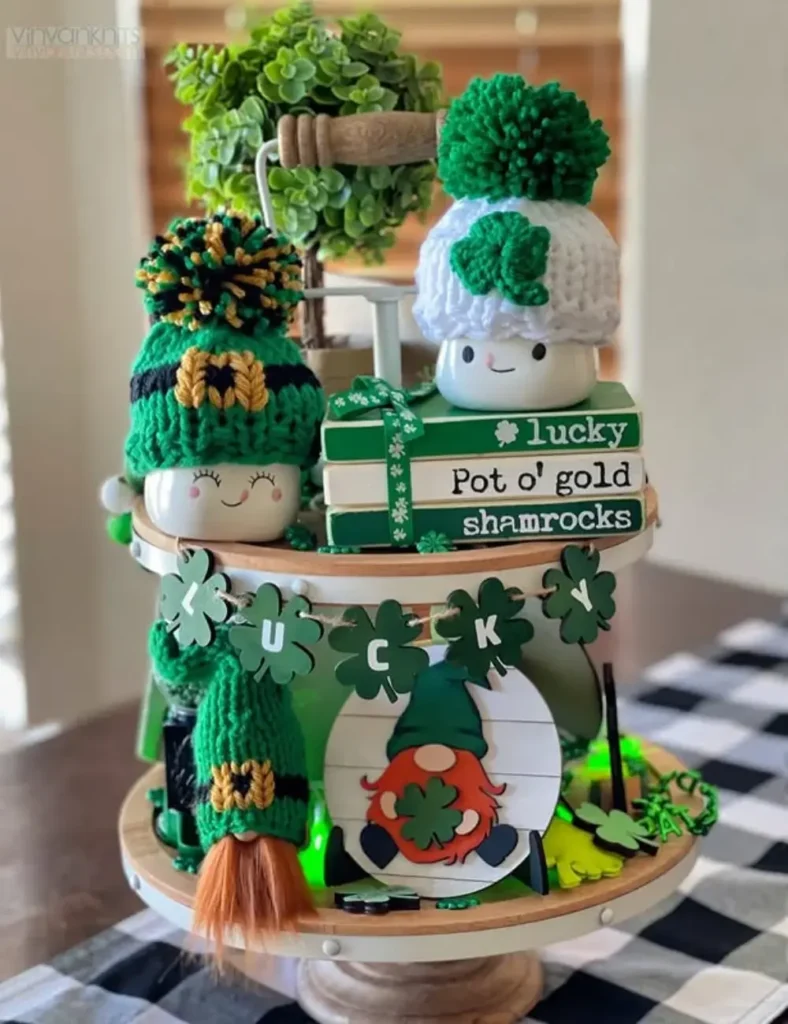 st patrick's day tiered tray with knitted characters