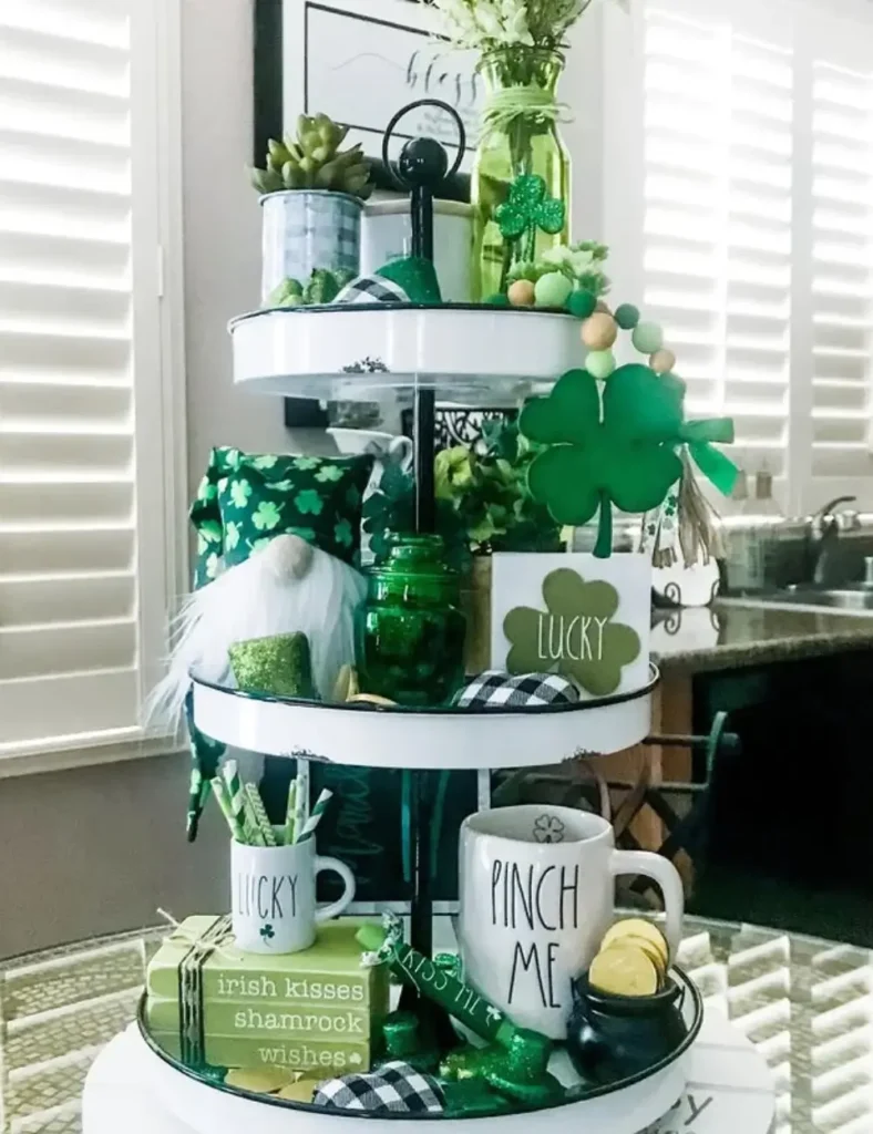 white and green st patrick's day tiered tray decor ideas