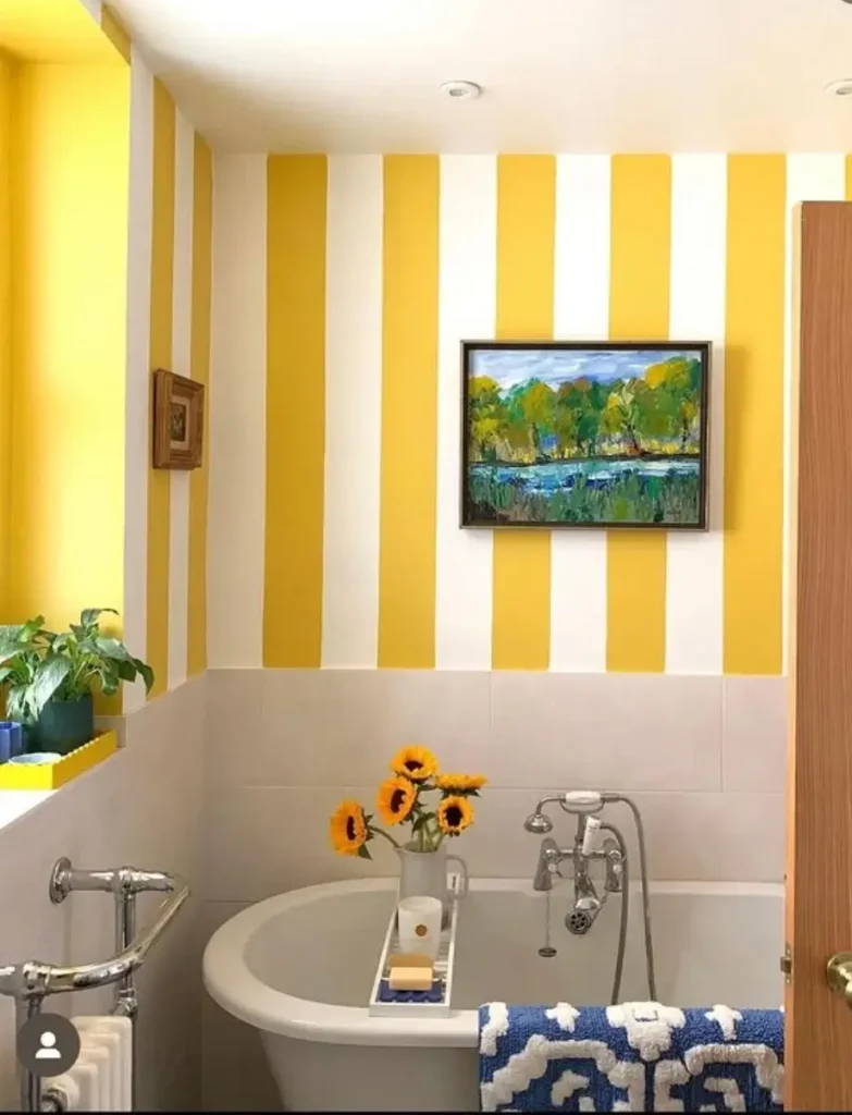 Bathroom Wall Decor with yellow and white stripes