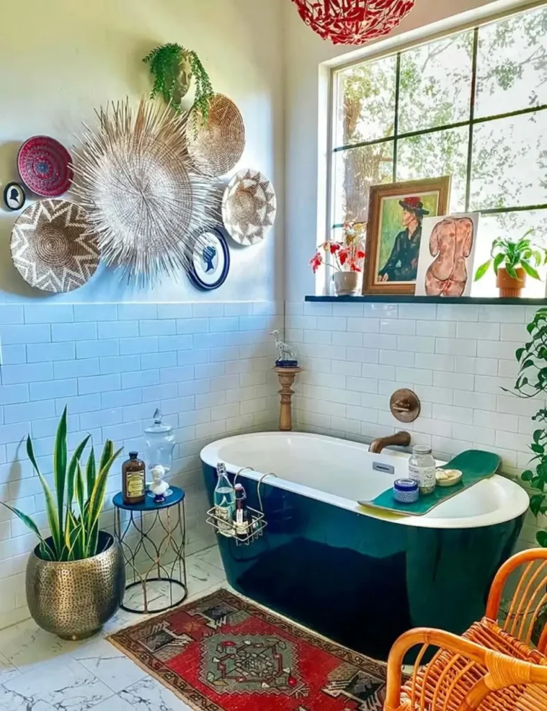 Bathroom with ethnic wall baskets decor