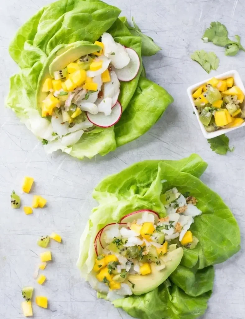 Fish Taco Lettuce Wraps with Mango Kiwi Salsa