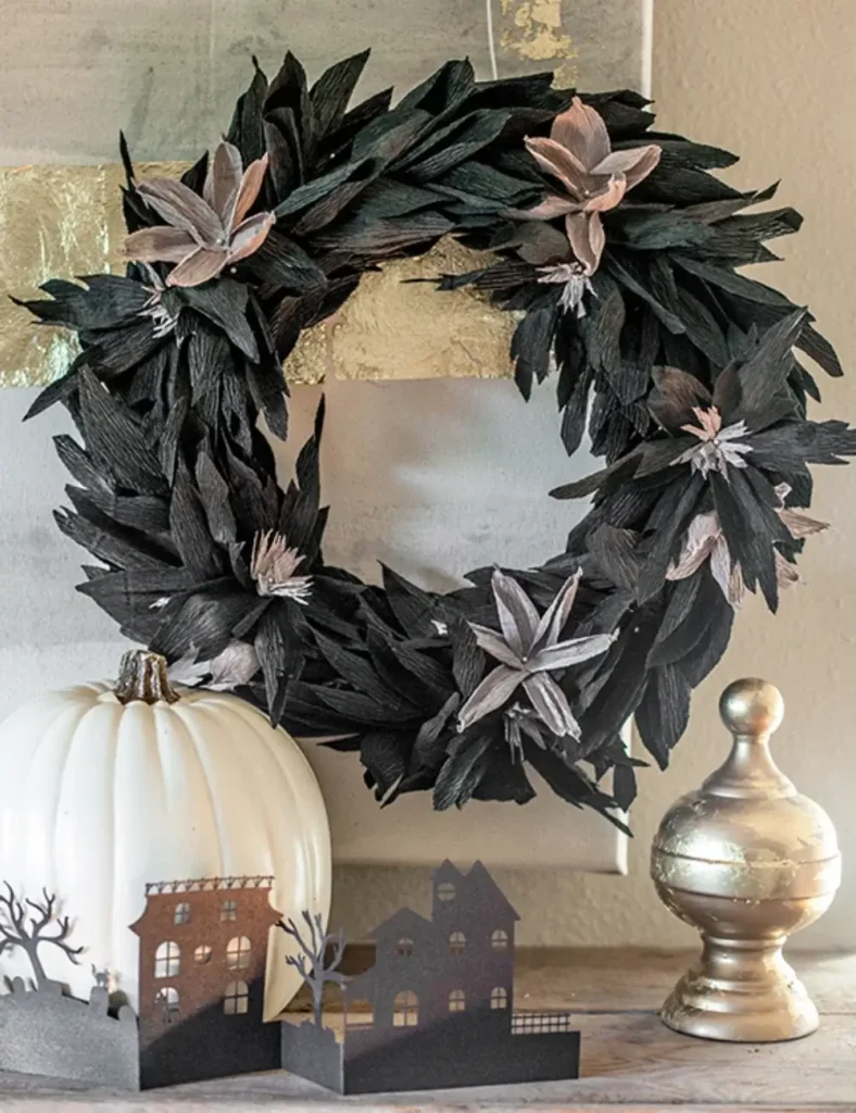 Black Crepe Paper Wreath. DIY Halloween Wreaths