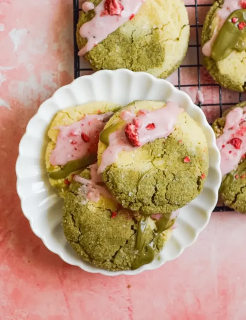 Matcha Marble Cookies With Strawberry Icing